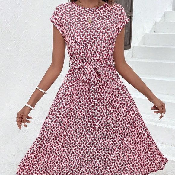 Multicolor Boho Womens Allover Print Batwing Sleeve Belted Dress - Picture 2 of 5